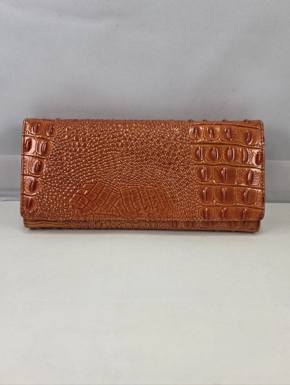 Vera Pelle Burnt Orange Croc Embossed Leather Kiss Lock Wallet
